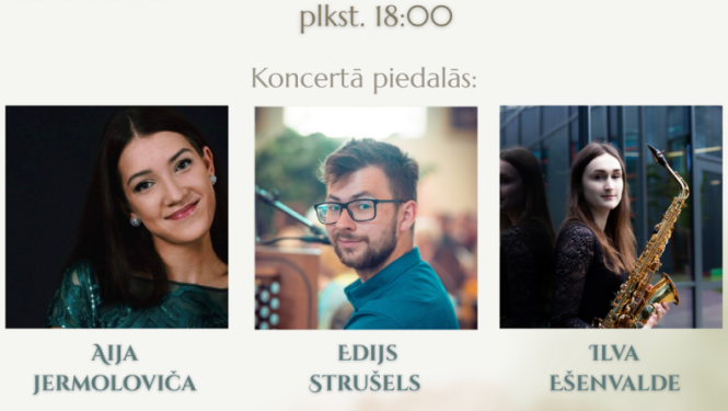 Attēlā redzama gaišos, mierīgos toņos veidota afiša par koncertu.  Augšā rakstīts, ka tas ir Andreja Selička garīgās mūzikas skaņdarbu koncerts. Lieliem burtiem centrā – nosaukums “Mūsu zeme, mūsu lūgšana”.  Apakšā ir trīs dalībnieku fotogrāfijas: sieviete, vīrietis ar brillēm un sieviete ar saksofonu. 