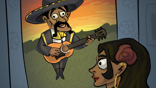 Karikatūra ar spāņu vīrieti un sievieti