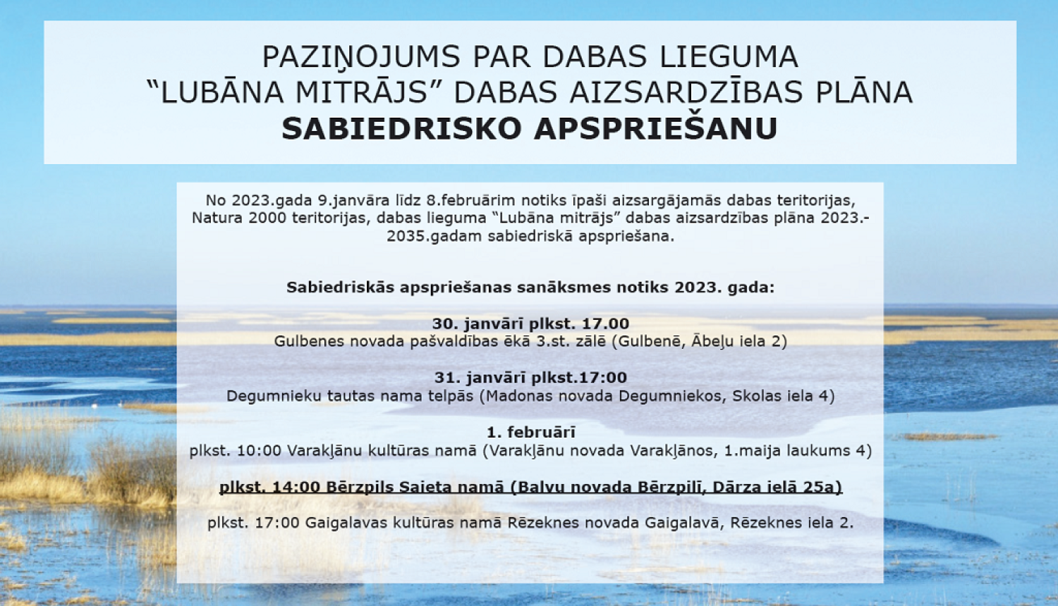 Paziņojums par Dabas lieguma “Lubāna mitrājs” dabas aizsardzības plāna sabiedrisko apspriešanu