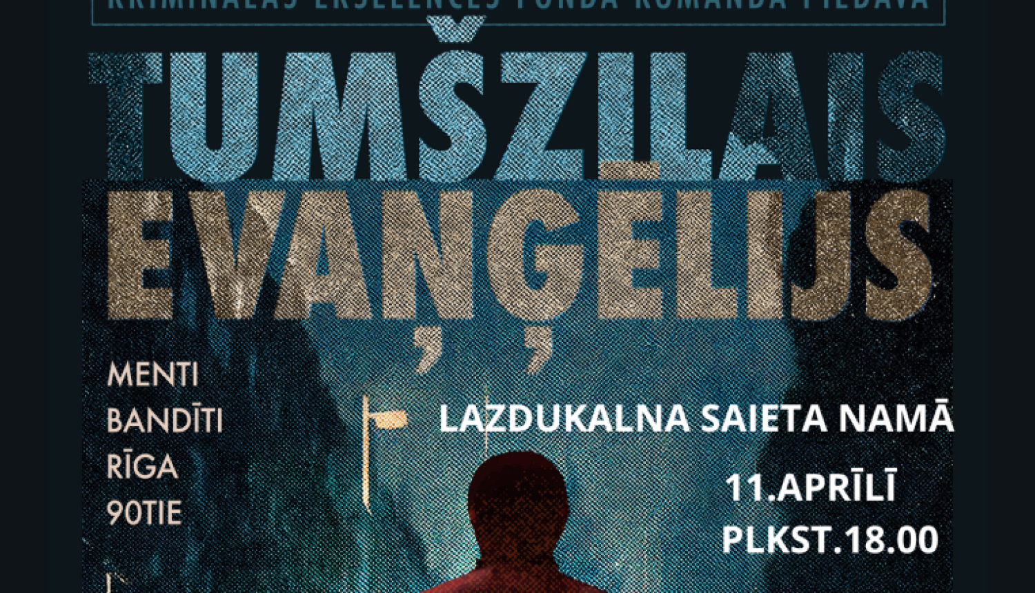 Attēls ir filmas plakāts tumšās, noslēpumainās noskaņās.  Centrā redzama cilvēka siluets no mugurpuses — viņš stāv uz slapjas pilsētas ielas naktī. Iela spīd no lietus, un fonā redzamas automašīnu gaismas, kas izplūdušas miglainā, zilgani zaļā tonī. Cilvēks izskatās vientuļš un noslēpumains, iespējams, valkā tumšu mēteli ar kapuci vai augstu apkakli.  Augšpusē lieliem burtiem rakstīts filmas nosaukums: “Tumšzilais evaņģēlijs”.