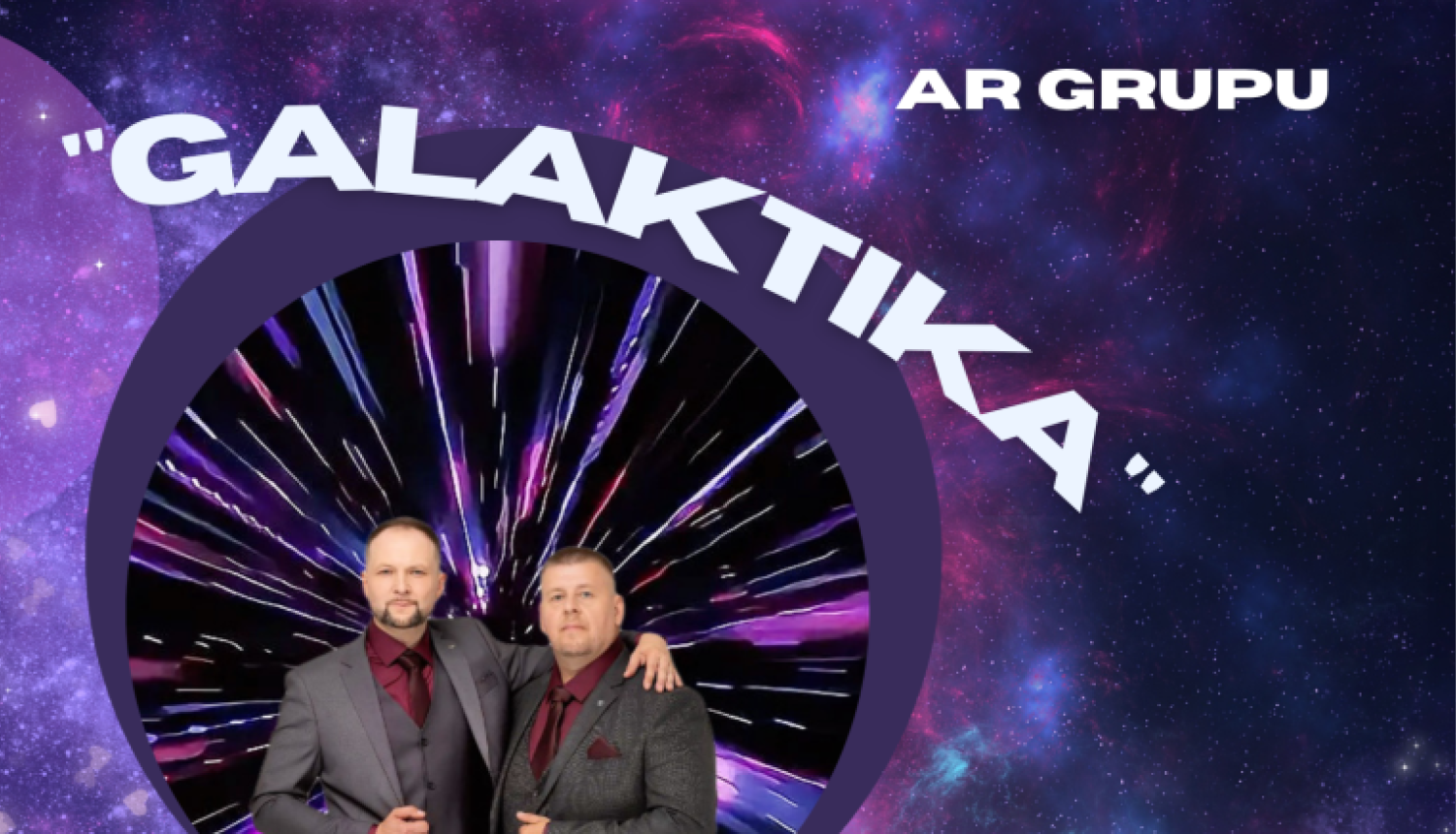 Plakāts par balli “Galaktika” Lazdukalna saieta namā: kosmosa fons ar zvaigznēm, centrā divi vīrieši uzvalkos. Norādīts datums 15. maijs, laiks 22:00–3:00 un ieejas maksa.