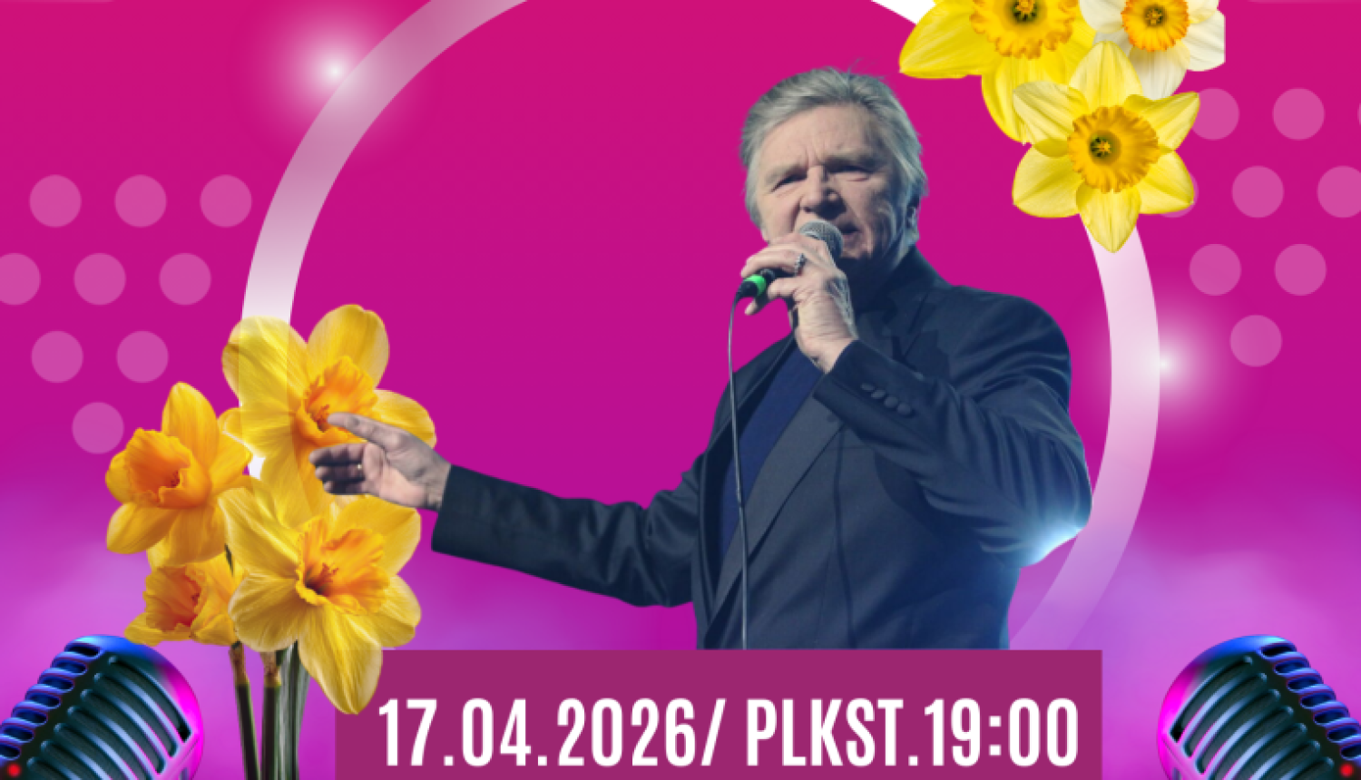 Rozīgi violets fons ar dzeltenām narcisēm. Centrā aplī stāv dziedātājs ar mikrofonu rokās. Teksts: 'Viktora Lapčenoka koncerts “Pavasara vēsmas dvēselei.