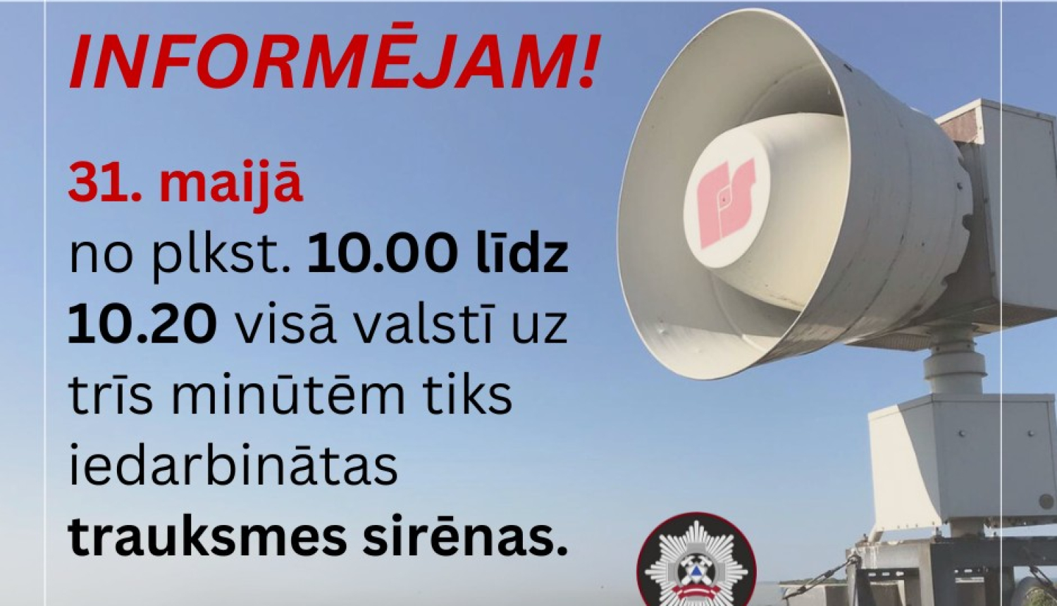 VUGD 31. maijā veiks trauksmes sirēnu pārbaudi