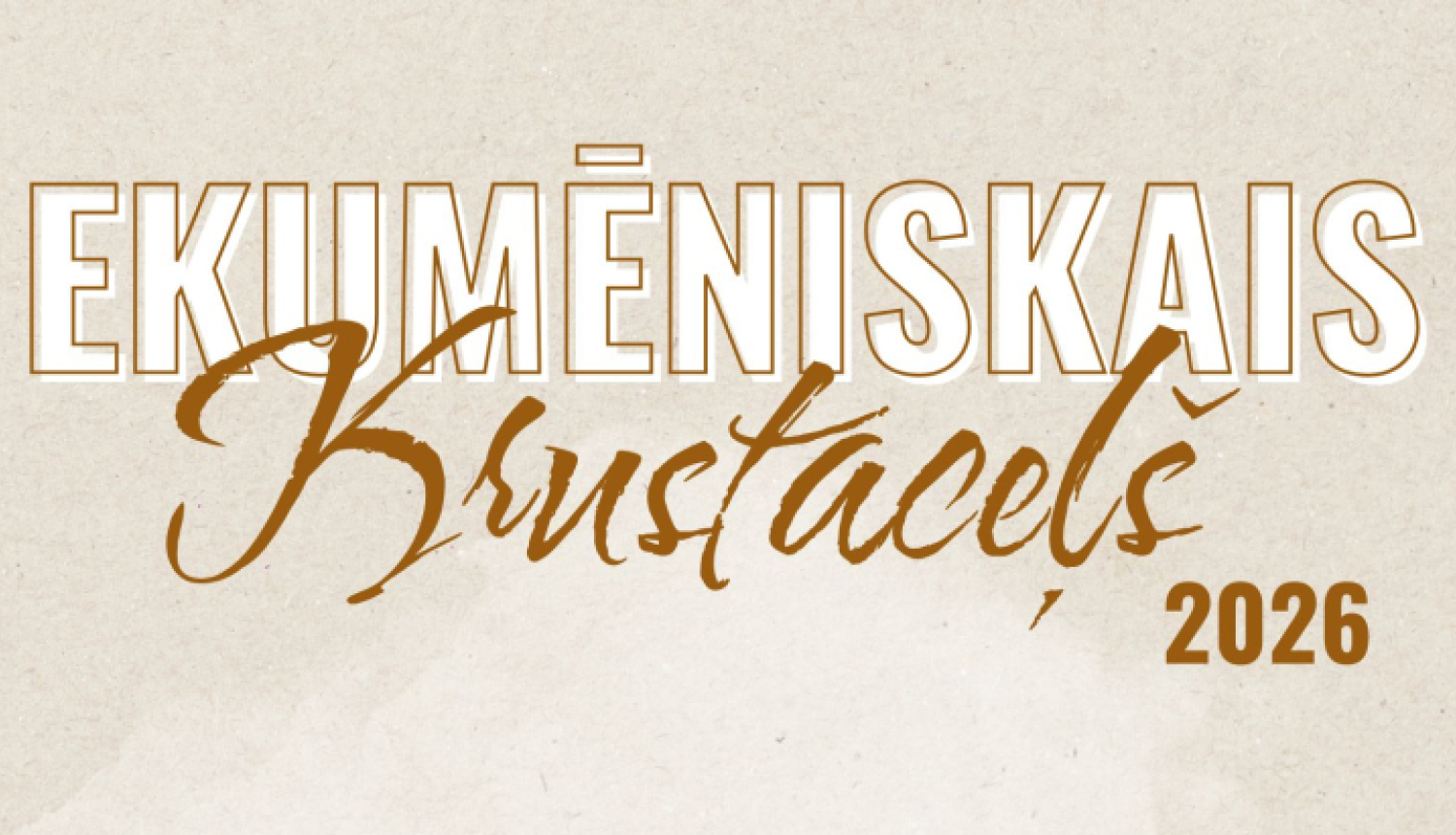 Attēlā redzama gaiša, minimālistiska afiša ar bēšīgu, nedaudz teksturētu fonu, kas atgādina papīru.  Augšējā daļā lieliem burtiem rakstīts “Ekumēniskais”, bet zem tā – dekoratīvā, rokrakstam līdzīgā stilā izcelts vārds “Krustaceļš”. Labajā pusē pie šī nosaukuma norādīts gads “2026”.