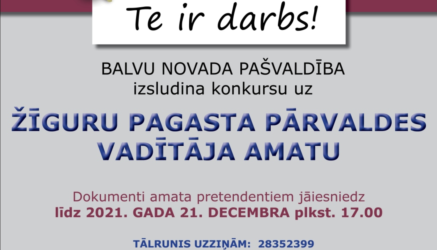 BALVU NOVADA PAŠVALDĪBA, Reģ.Nr.90009115622, izsludina konkursu uz Žīguru pagasta pārvaldes vadītāja amatu uz nenoteiktu laiku (profesijas kods 1112 36)