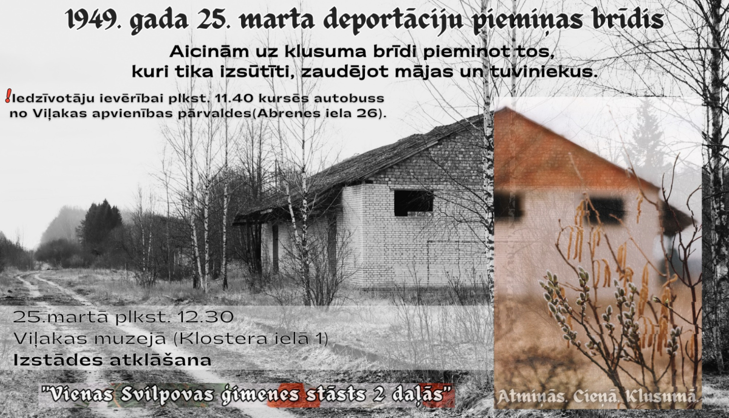 Attēlā redzama Vecumu dzelzceļa stacija. Teksts aicina uz Komunistiskā genocīda upuru piemiņai veltītu piemiņas brīdis