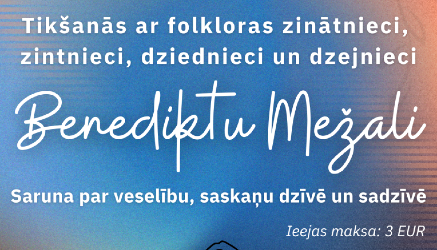 Šis ir informatīvs plakāts par pasākumu.  Fons ir maigos, izplūdušos toņos – zilā, oranžā un violetā krāsa saplūst kopā, radot mierīgu un nedaudz māksliniecisku noskaņu. Teksts ir baltā krāsā un izvietots vairākās rindās.  Augšpusē rakstīts: “Baltinavas Kultūras namā 9. aprīlī plkst. 11.00”  Tālāk seko informācija, ka notiks tikšanās ar folkloras zinātnieci, zinātnieci, dziednieci un dzejnieci Benediktu Mežāli. Viņas vārds ir izcelts lielā, rokrakstam līdzīgā fontā.