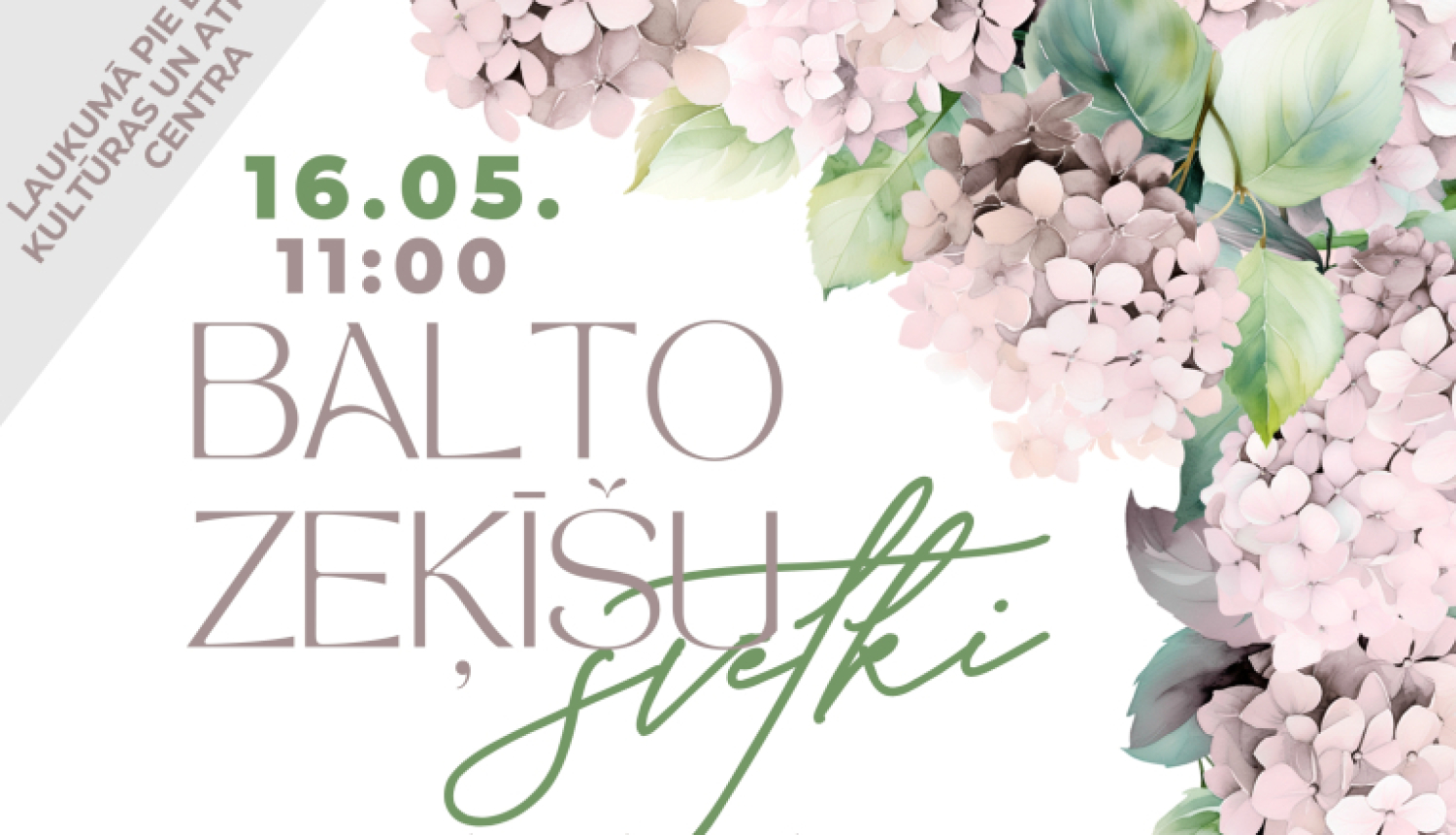 Uz balta fona attēla labajā augšējā stūrī redzami gaiši rozā ceriņu ziedi. Apakšējā daļā novietotas baltas adītas bērnu zeķītes un bērnu ratiņi, kas rada maigu un sirsnīgu noskaņu. Attēlā ir teksts, kas aicina uz “Balto zeķīšu svētkiem”, kas notiks 16. maijā Balvu Kultūras un atpūtas centra laukumā.