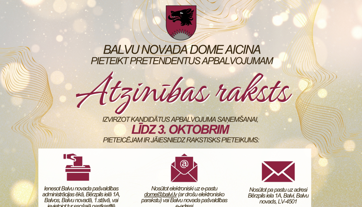 Balvu novada dome aicina pieteikt pretendentus apbalvojumam Atzinības raksts