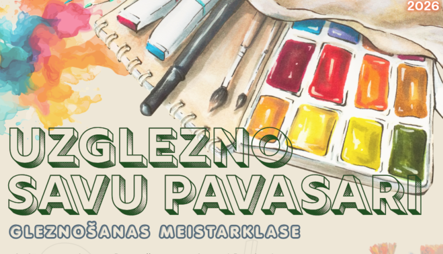 Attēlā redzams gaišs, saulains fons, kas rada siltu un iedvesmojošu noskaņu. Priekšplānā izvietoti gleznošanas piederumi — otas un akvareļkrāsas. Kompozīcija ir viegla un radoša, uzsverot māksliniecisko procesu. Attēlā iekļautais teksts aicina piedalīties gleznošanas meistarklasē Viļakas pilsētas brīvdabas estrādē. 