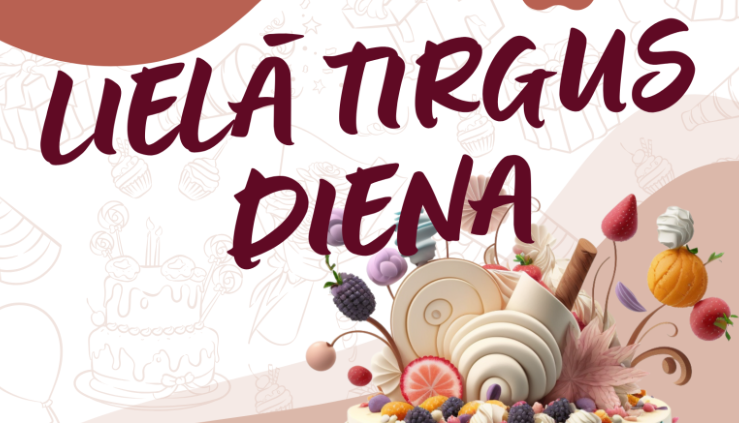 Plakāts par pasākumu ar siltos, brūnganos toņos veidotu dizainu. Augšā rakstīts: 16. maijā no plkst. 10:00 pie Krišjāņu tautas nama.  Centrā lieliem burtiem redzams nosaukums “Lielā tirgus diena”. Apakšā attēlota liela, dekoratīva kūka ar dažādiem augļiem un saldumiem.  Tekstā norādīts, ka īpaši gaidīti mājražotāji. Apakšējā stūrī redzams Balvu novada logo.