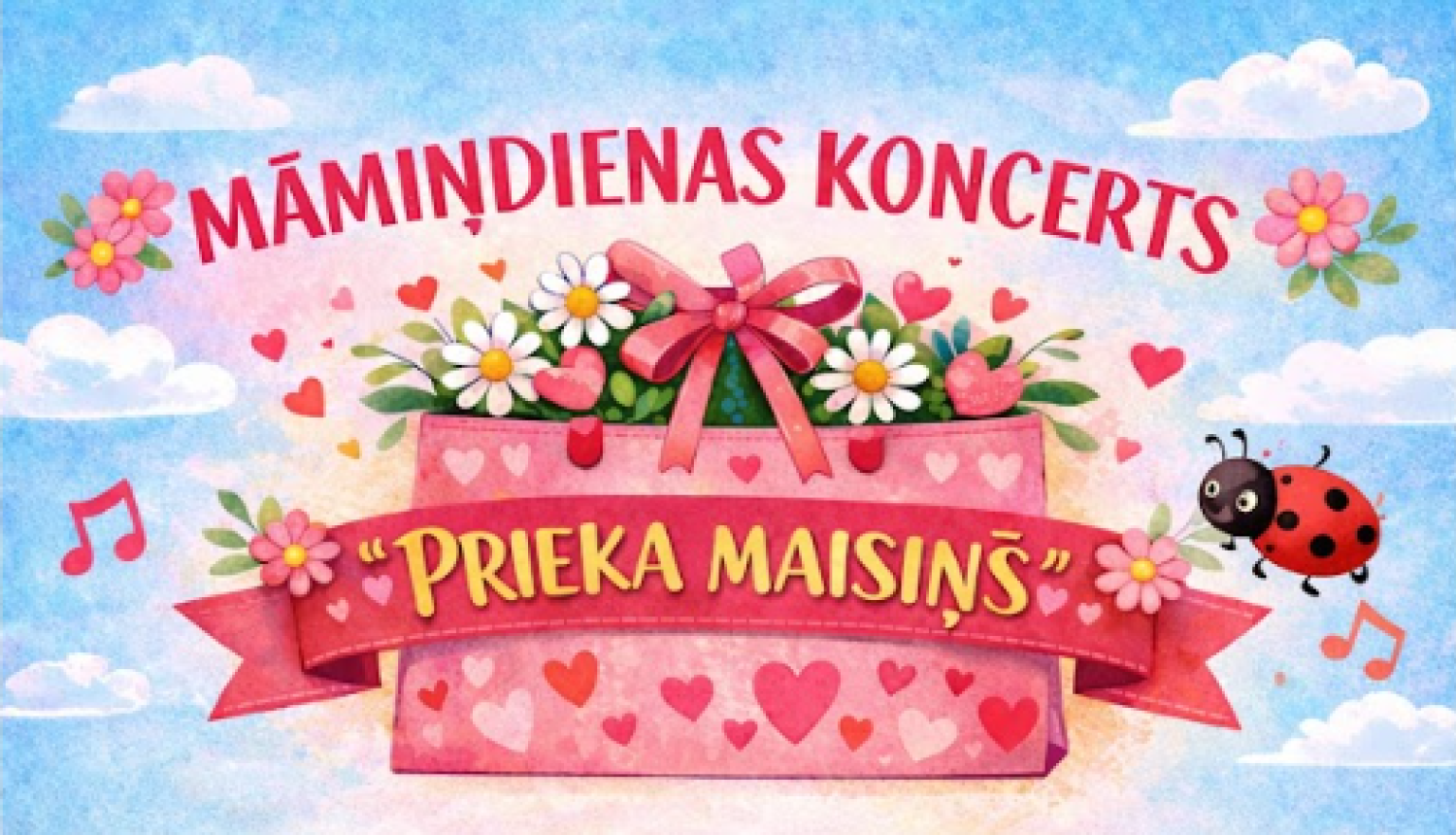 Krāsaina, rotaļīga afiša ar debesu fonu, ziediem un sirsniņām. Centrā dāvanu kaste ar uzrakstu “Prieka maisiņš”. Teksts aicina uz Māmiņdienas koncertu 9. maijā Tilžas Kultūras un vēstures namā. Attēlā redzamas arī mārīte, bite un mūzikas notis.