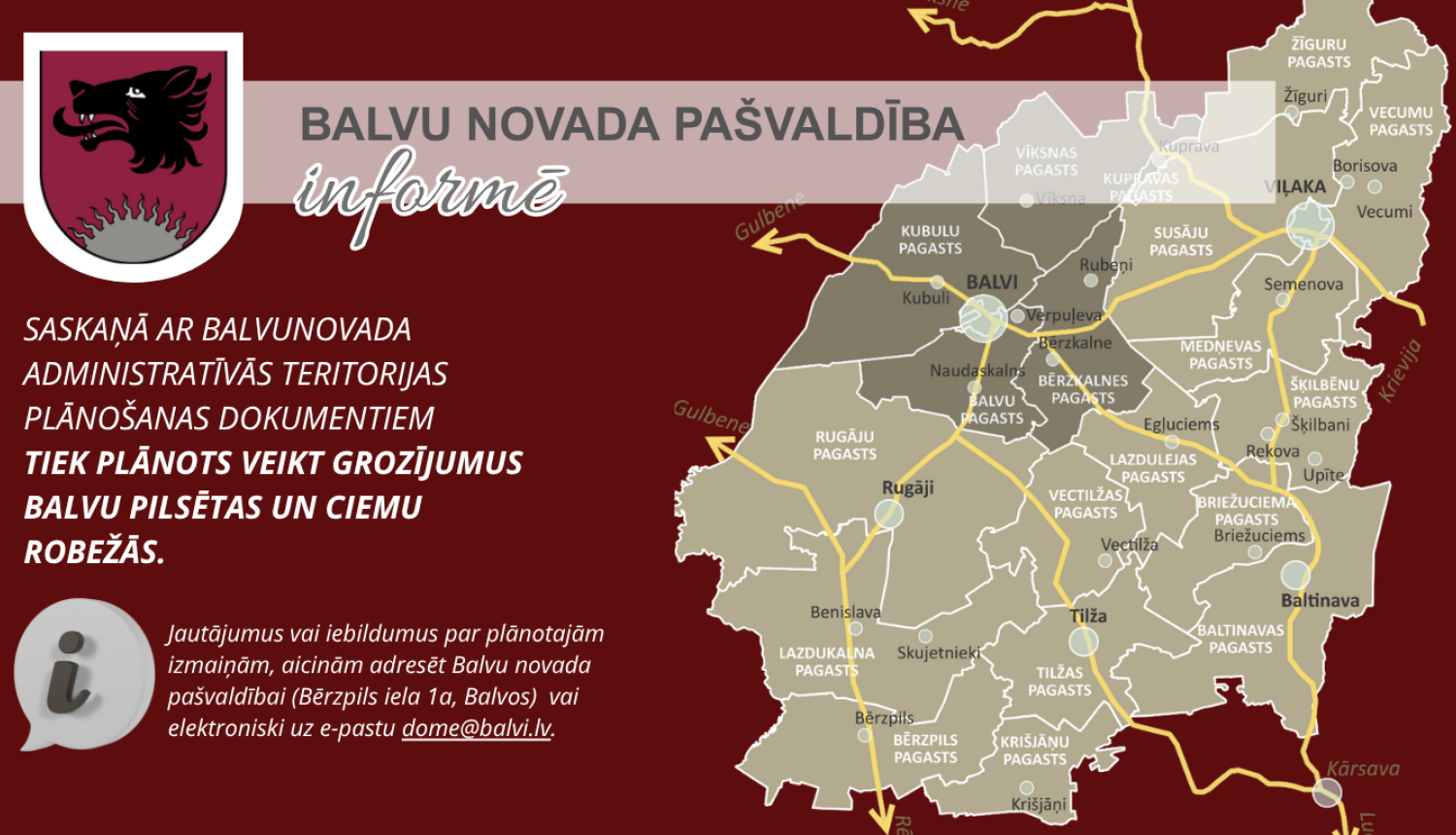 Iedzīvotāju zināšanai - tiek plānots veikt grozījumus Balvu pilsētas un ciemu robežās