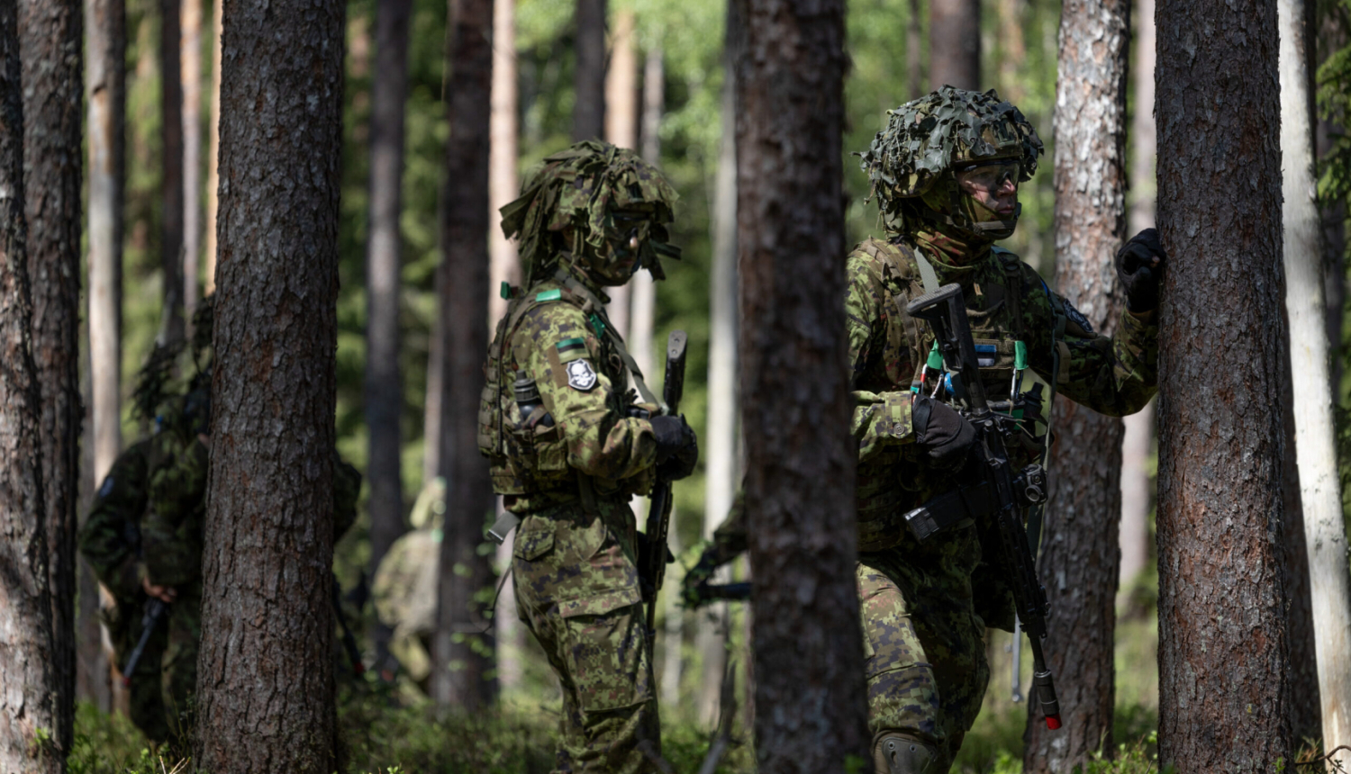 Mežā redzami vairāki karavīri maskēšanās formās un ķiverēs. Viņi pārvietojas starp kokiem, rokās turot ieročus, iespējams, militāro mācību laikā.