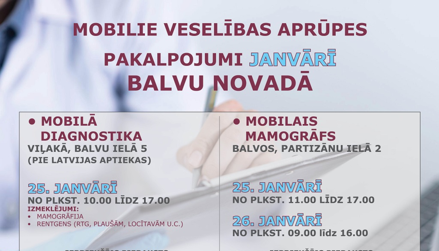 Mobilie veselības aprūpes pakalpojumi Balvos janvārī