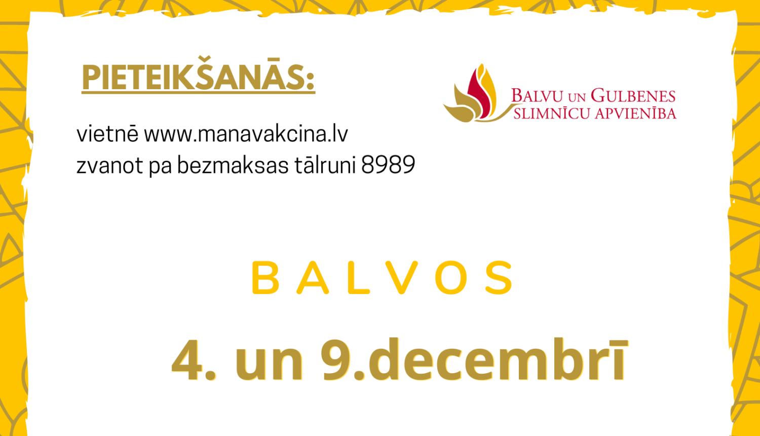 SIA "Balvu un Gulbenes slimnīcu apvienība" ir atvērti jauni datumi vakcinācijas kalendārā Balvos un Gulbenē