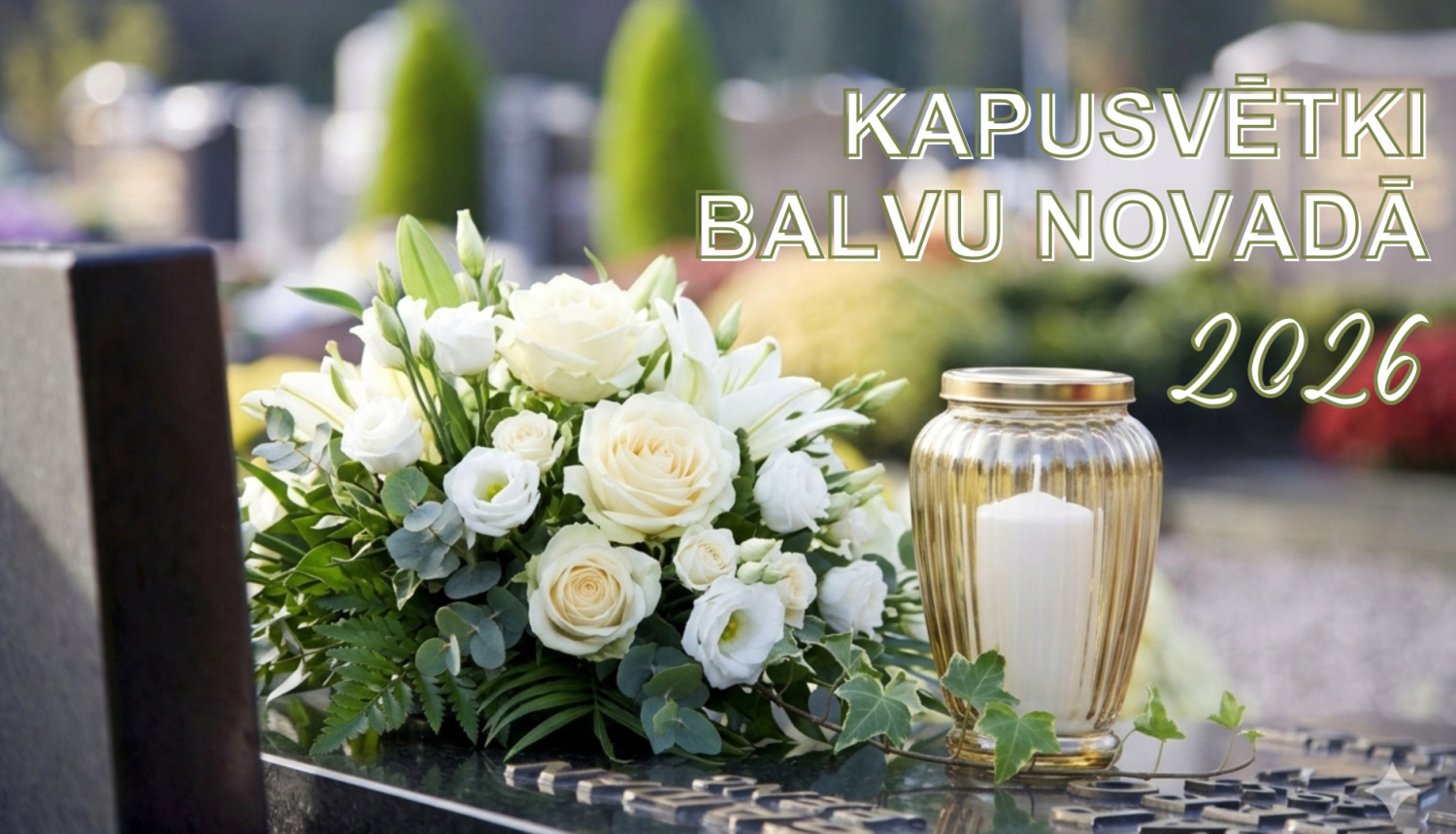 Attēlā redzami balti ziedi un svecīte stikla traukā uz kapu kopiņas. Teksts vēsta par kapusvētkiem Balvu novadā 2026.