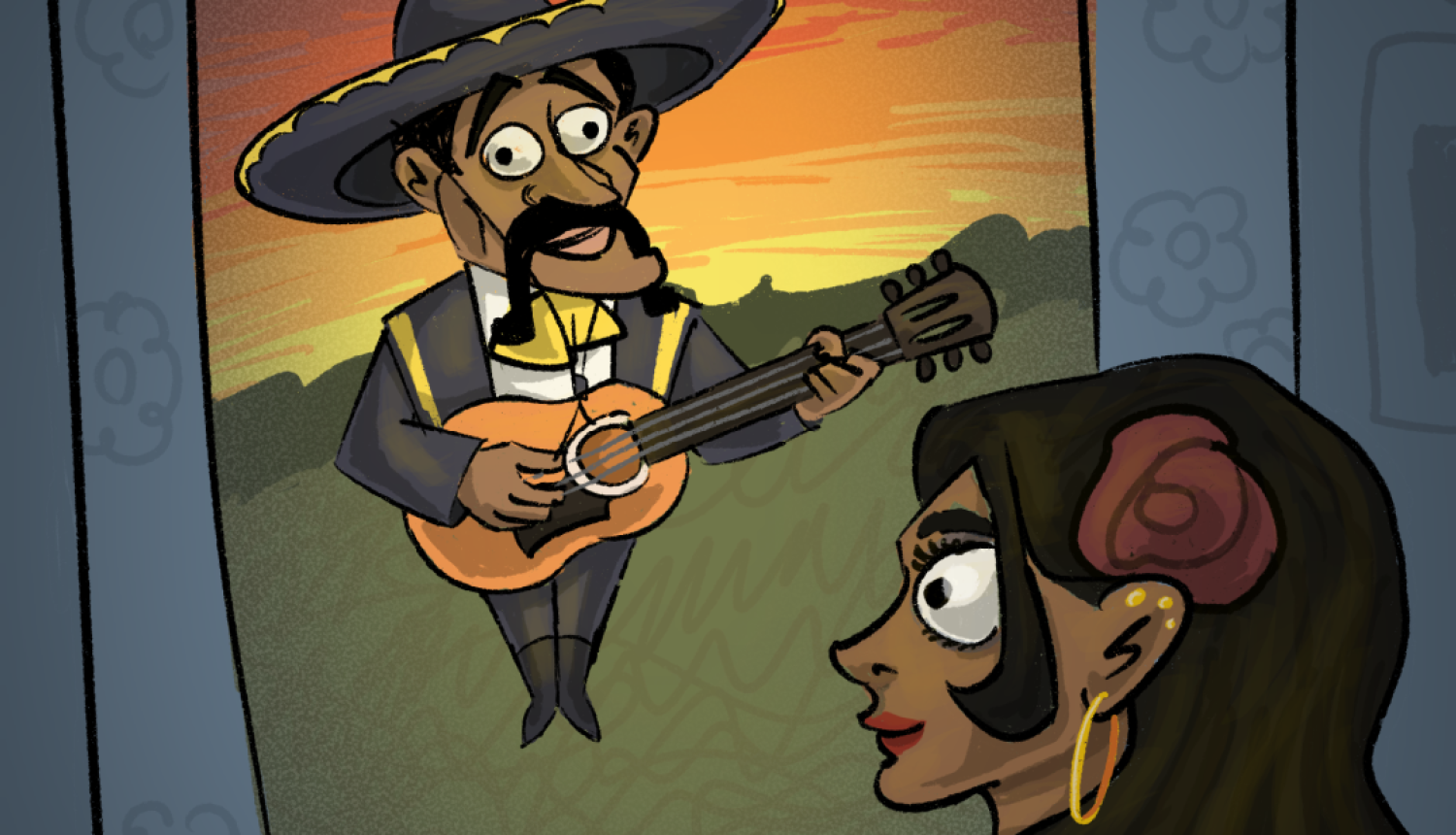 Karikatūra ar spāņu vīrieti un sievieti