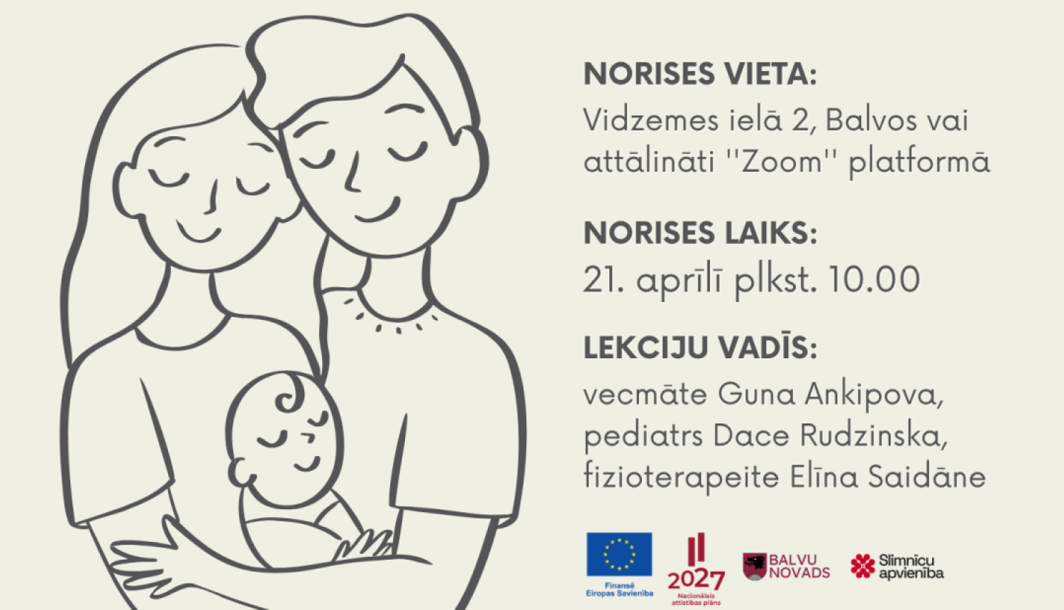 Ikona ar jaunu ģimeni un informācija par gaidāmo lekciju topošajiem un jaunajiem vecākiem