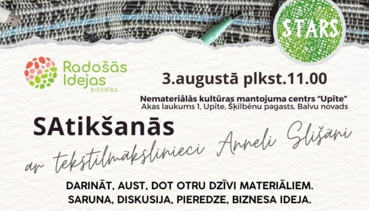 Afiša_Satikšanās ar tekstilmākslinieci Anneli Slišāni