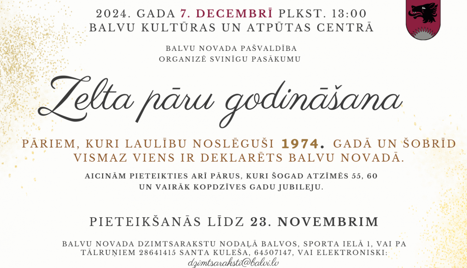 Arī šogad notiks pasākums "Zelta pāru godināšana"